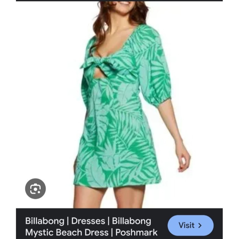 NWT Billabong Womens Green Mystic Beach Mini Dress Sz M Cutout Puff Sleeve